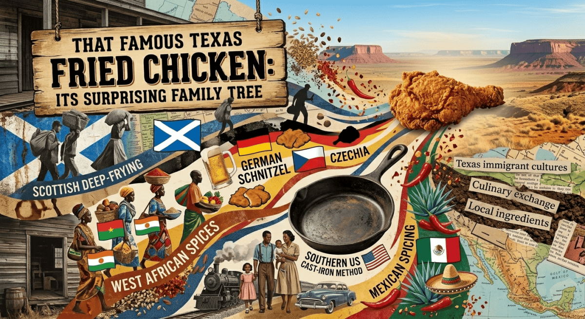 Collage representing migration with silhouettes of travelers and culinary elements.