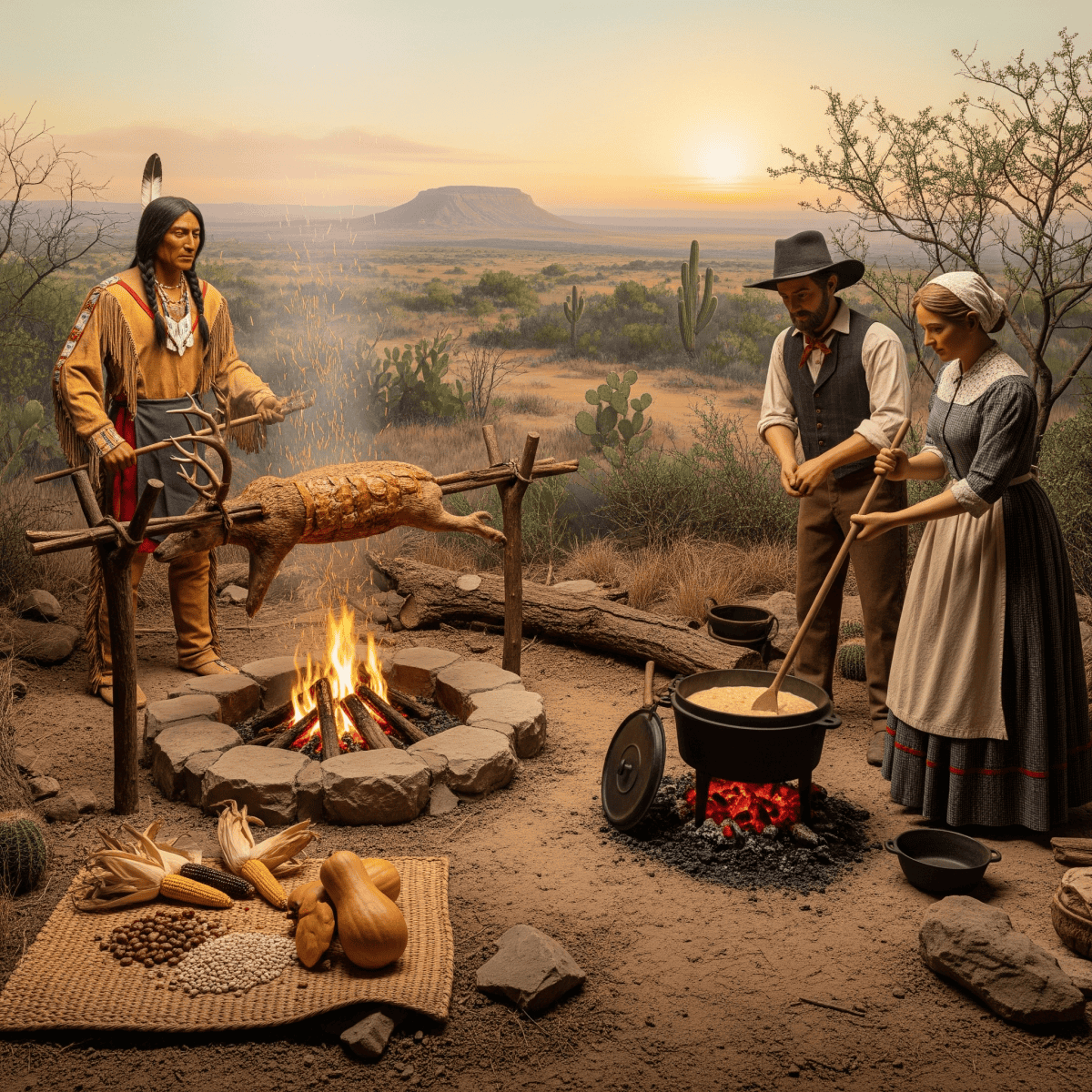 Early Texan cooking scenes depicting Native American and settler methods alongside a campfire.