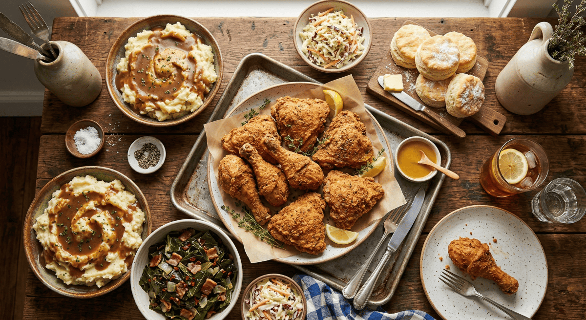 Overhead shot of a generous Texas-style fried chicken meal spread with traditional sides.