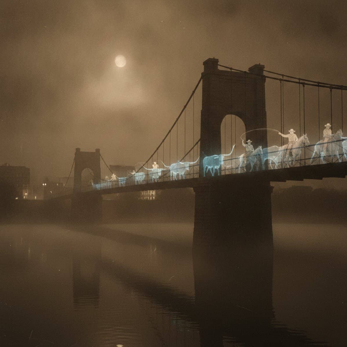 Ghostly cattle drive crossing the suspension bridge.