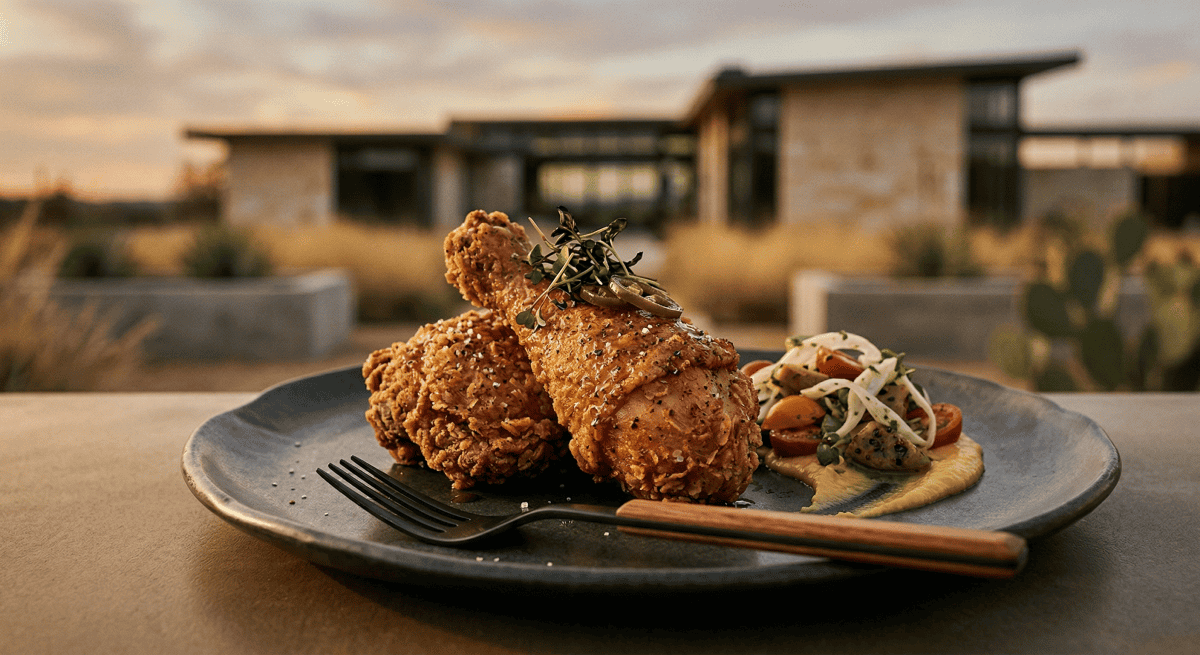 Artistic modern photograph of a perfectly plated piece of Texas fried chicken, suggesting evolution.
