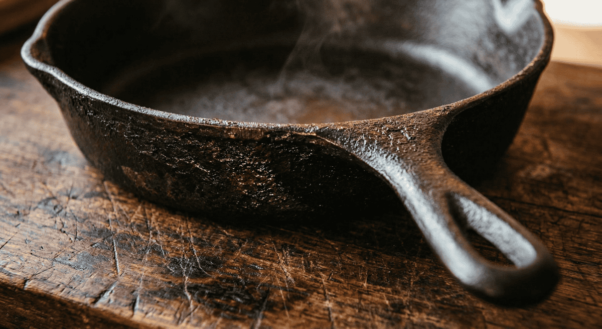 Close-up of a well-seasoned, heavy cast-iron skillet, hinting at culinary history.