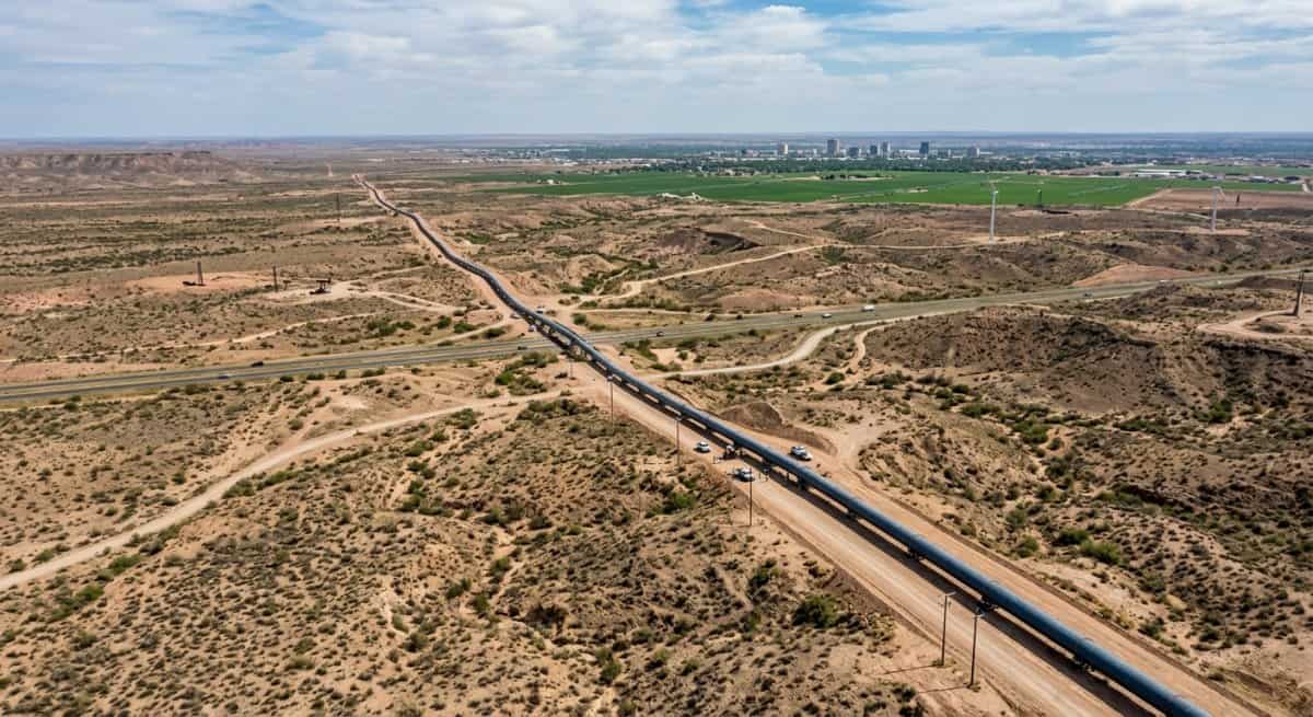 Water pipeline traversing arid West Texas landscape.