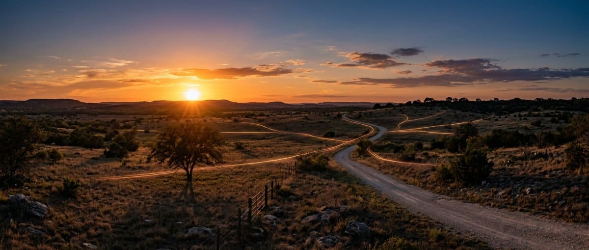 Texas landscape at dusk with subtle hints of underground pipelines.