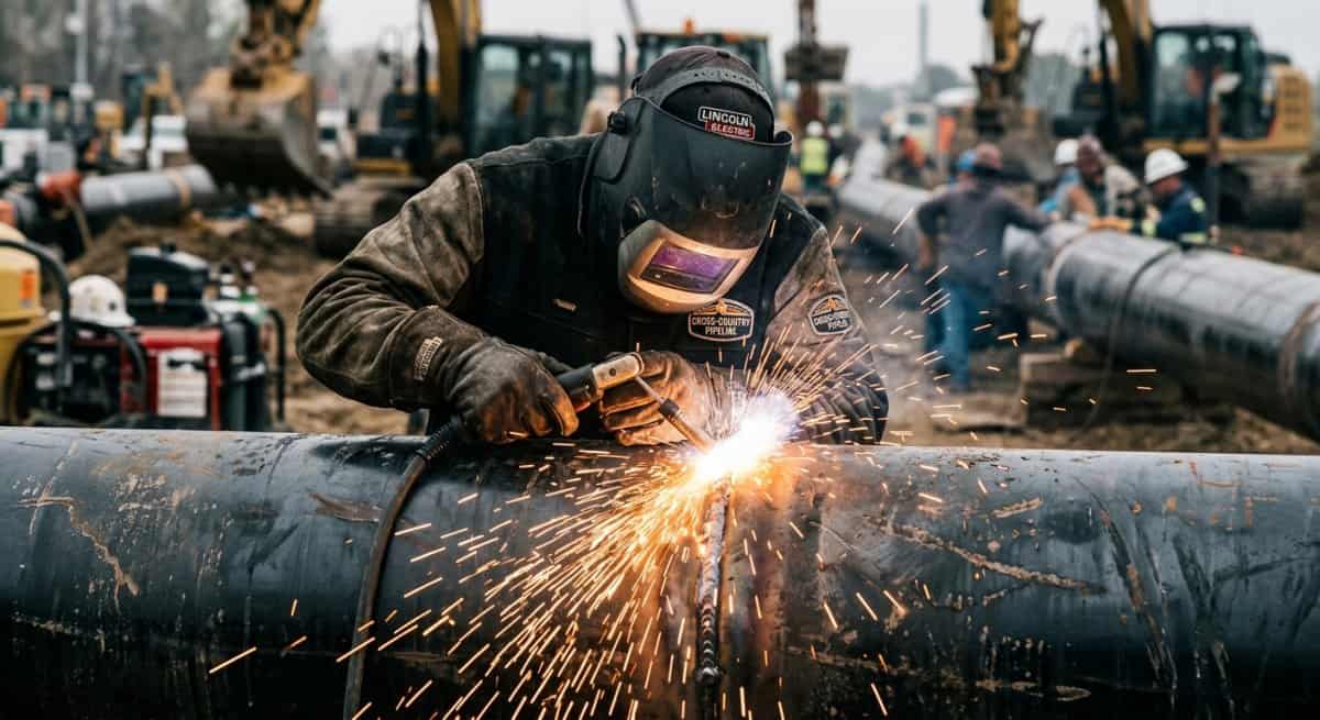 Welder joining sections of a large steel pipeline.