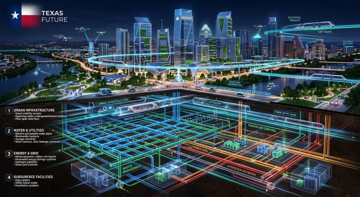 Futuristic visualization of advanced underground pipeline networks.