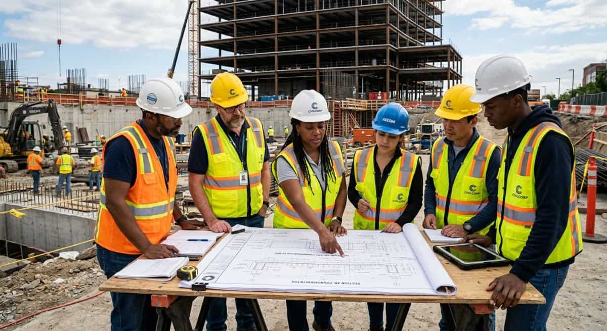 Civil engineers reviewing pipeline blueprints at a construction site.