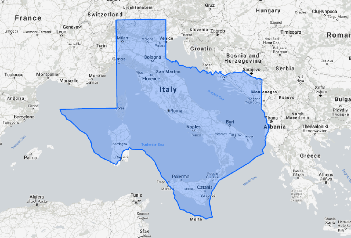 Map comparison showing the geographic size of Texas overlaid on Italy via The True Size