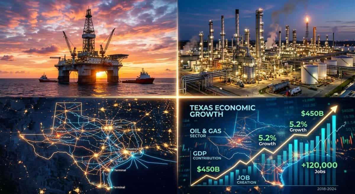 Montage showing energy infrastructure and economic impact.