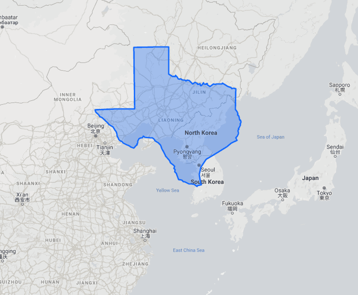 Size comparison map showing the outline of Texas overlaid onto North Korea