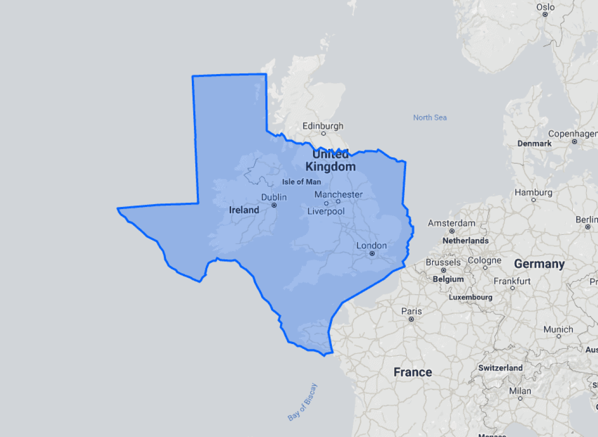 Geographic map comparing the true land size of Texas to England and the United Kingdom