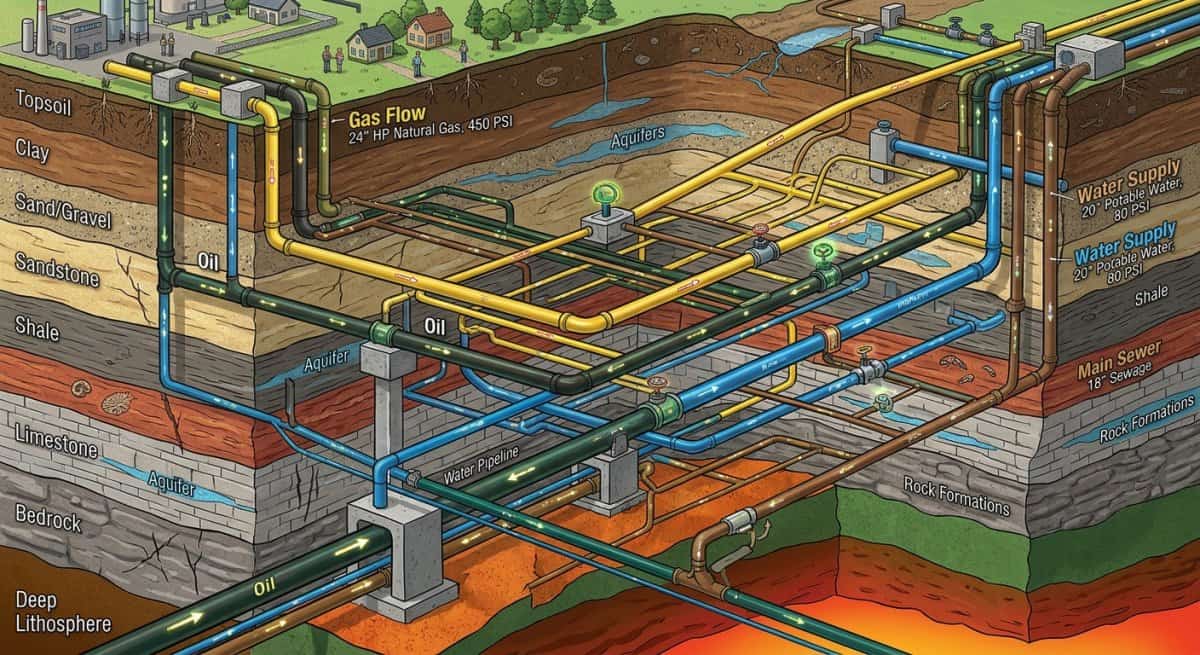 Cross-section of earth showing multiple underground pipelines.