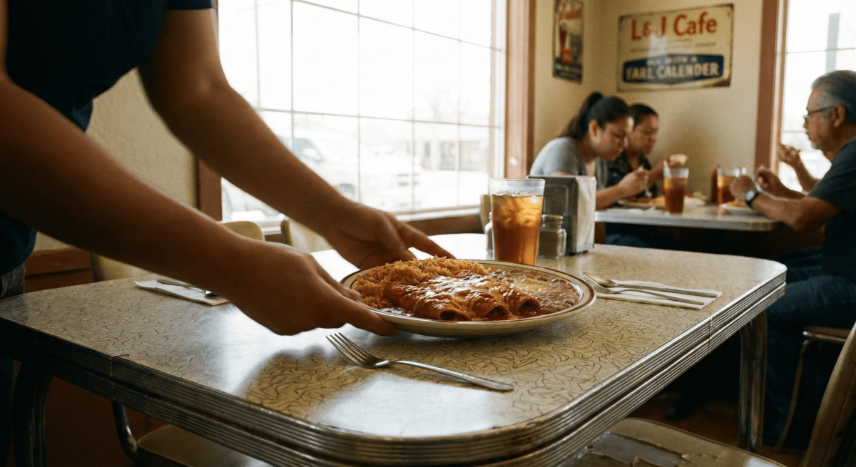 Lunch at L&J Cafe looks the same today as it did fifty years ago, and that is precisely the point. The red enchiladas have been made the same way since Calvin Coolidge was in the White House.