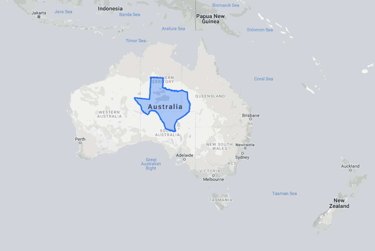 Map comparing the land area of Texas superimposed onto the continent of Australia