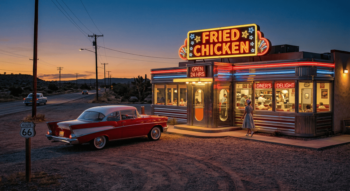 Classic 1950s diner exterior with a neon sign for 'Fried Chicken' on a roadside highway.