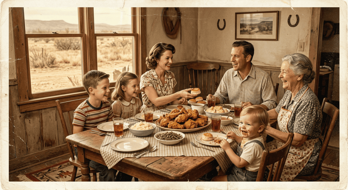 Nostalgic image of a family enjoying fried chicken at a mid-20th-century Texas-style dinner table.