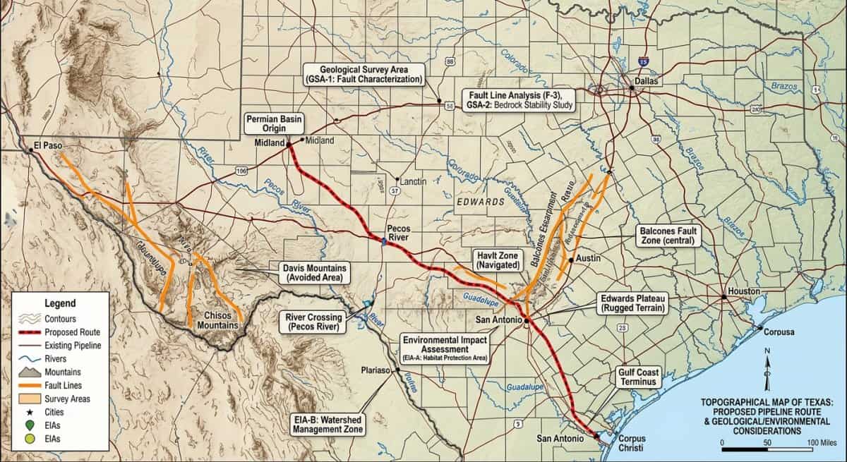 Topographical map showing pipeline route considerations.