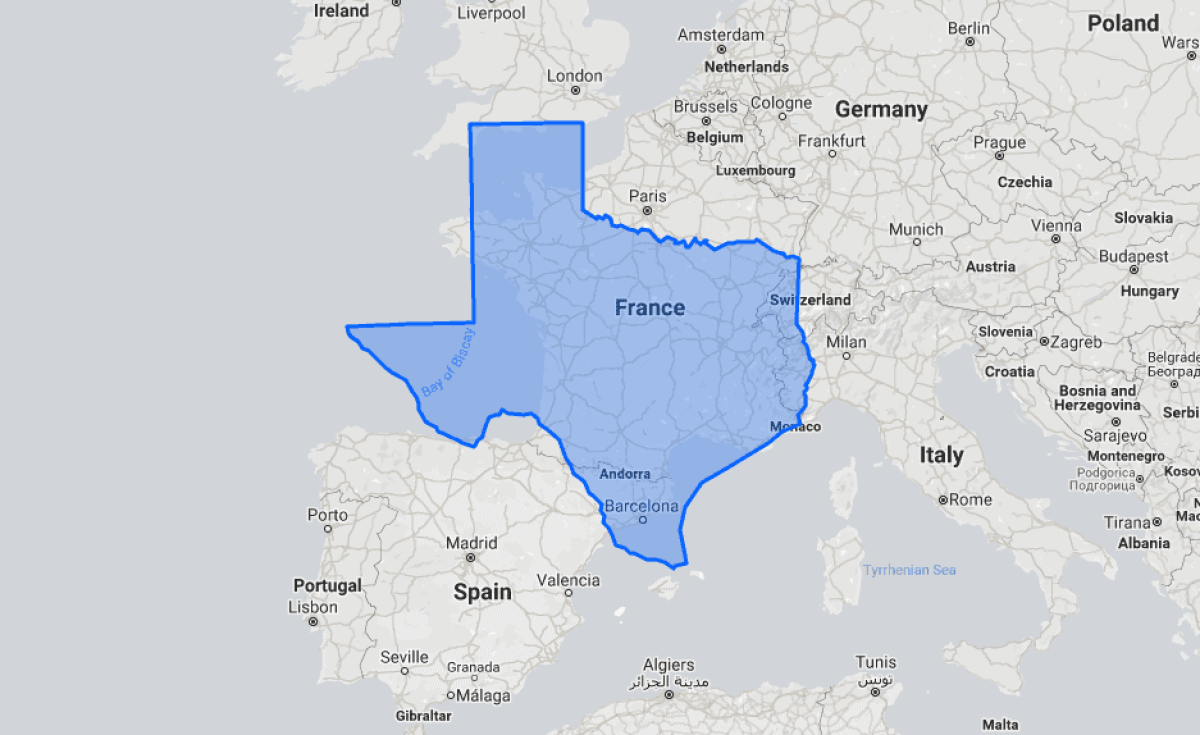 True-size map comparison illustrating the land area of Texas compared to France