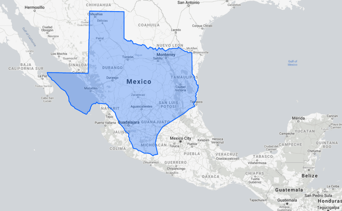 Map overlay comparing the geographic size and land border of Texas to Mexico