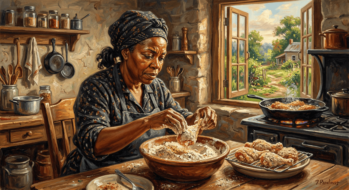Painting of an African American woman expertly preparing seasoned flour-dredged chicken.