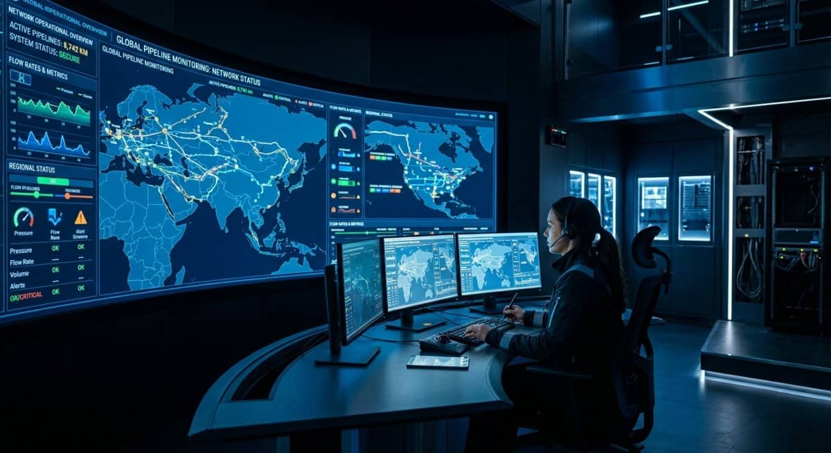 Pipeline control room with real-time monitoring screens.
