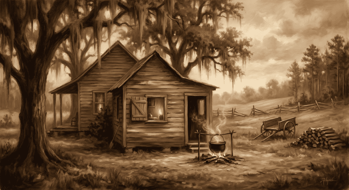 Evocative sepia-toned depiction of a Southern landscape hinting at culinary traditions.