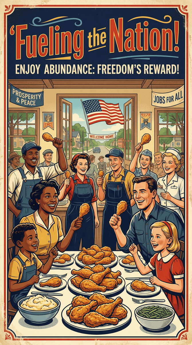 Stylized vintage-inspired poster depicting families enjoying fried chicken during a post-WWII era.